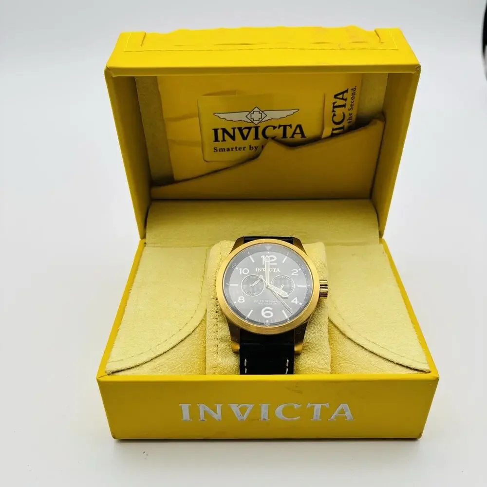 Invicta Chronograph #10491 Watch with Black Leather Band In Box. With Paperwork